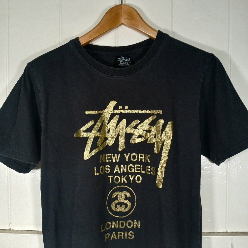 VTG Stussy World Tour T-Shirt Mens L Black Gold Foil Graphic Streetwear Korea